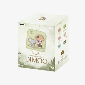 DIMOO ONE DAY WITH KOALA SERIES blind box packaging with light green design and product images. Official collectible mystery box featuring key case accessories.