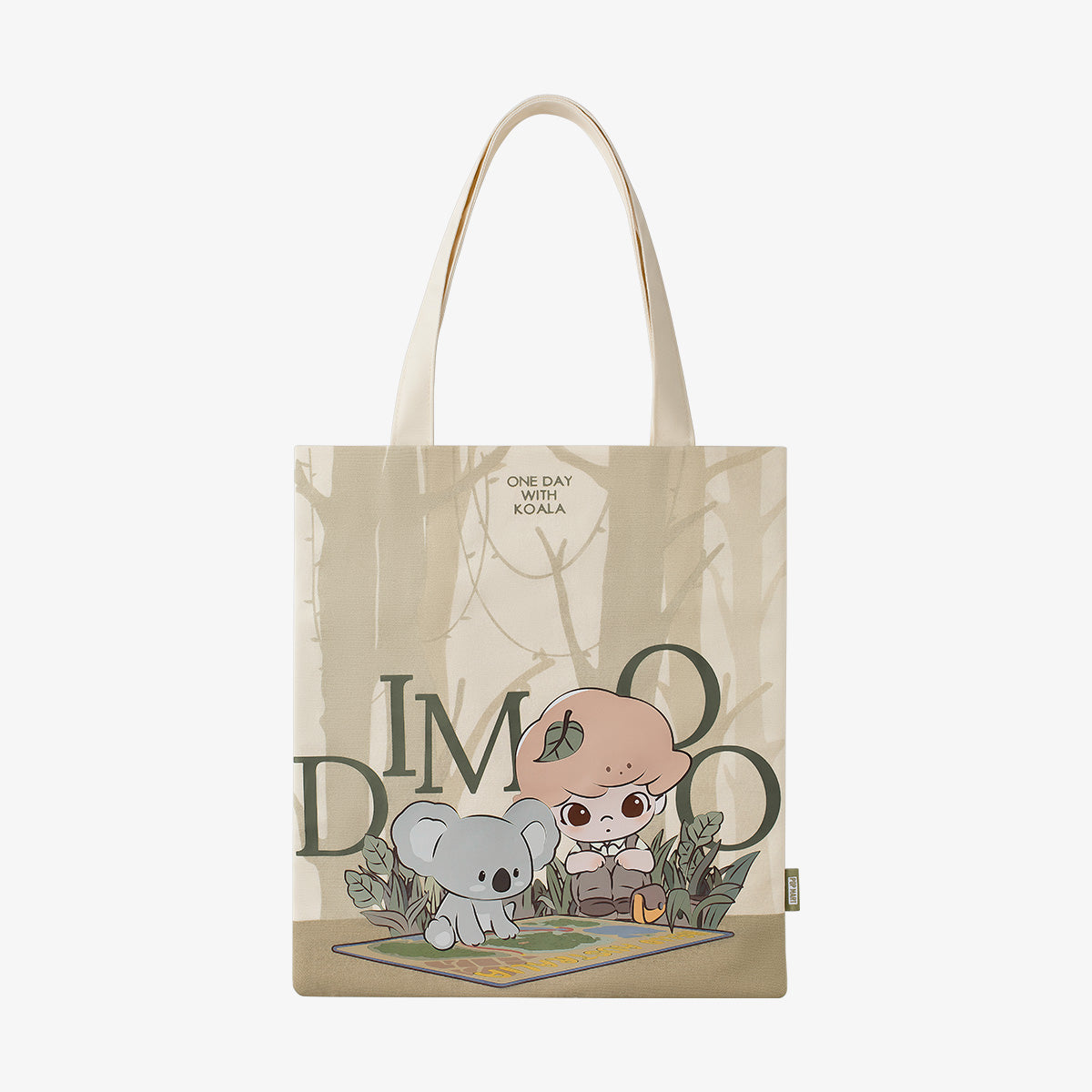 DIMOO ONE DAY WITH KOALA canvas bag featuring adorable koala character illustration on natural beige fabric. Stylish eco-friendly tote with charming character design.