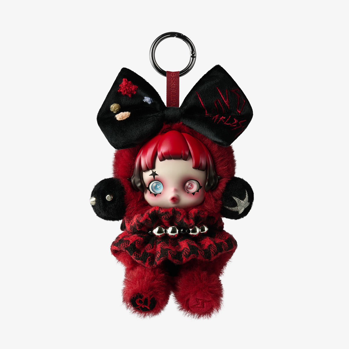 SKULLPANDA Plush doll by POP MART, 17cm tall, red outfit and bow, made of polyester and PVC, ideal for collectors.