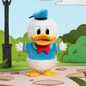 Adorable plush Donald Duck figure in blue outfit, perfect for Disney collectors and fans, set against a colorful backdrop.