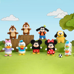 Mickey Family Cute Keychain Series: Plush figures of Mickey, Minnie, Donald, Daisy, and friends in a vibrant park setting.
