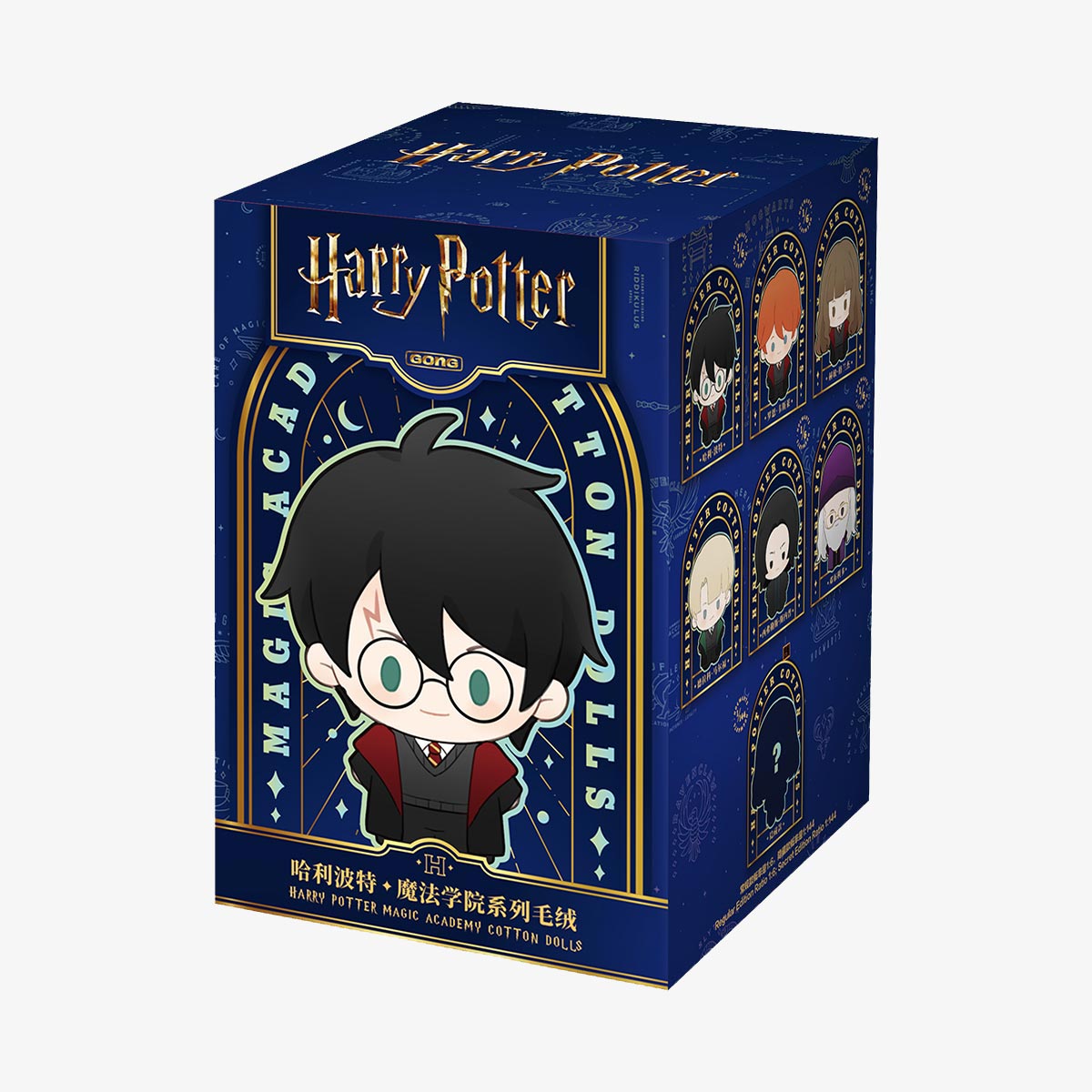 Harry Potter Magic Academy blind box packaging with dark blue/navy design featuring magical elements and gold accents. Official collectible mystery box with Hogwarts-themed artwork.