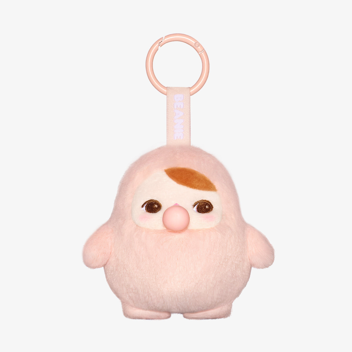 PUCKY BEANIE BUBBLE UP SERIES pale pink plush pendant with cute round face and small beanie hat. Collectible blind box character with delicate features on white background.