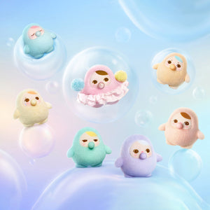 PUCKY BEANIE BUBBLE UP SERIES complete collection display showing all six adorable round characters with beanies on pastel blue background. Collectible blind box set overview.