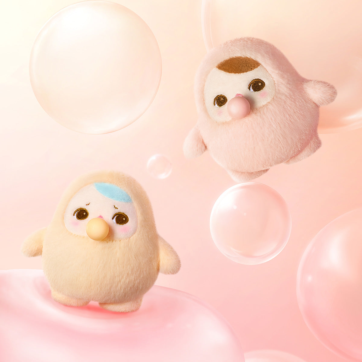 PUCKY BEANIE BUBBLE UP SERIES pastel pink plush pendant showing two adorable round characters with small beanie hats on pink gradient background. Collectible blind box set.