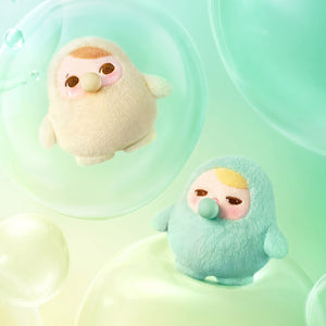 PUCKY BEANIE BUBBLE UP SERIES mint green plush pendant displaying two sweet round characters with beanies on gradient background. Collectible designer toy from blind box series.