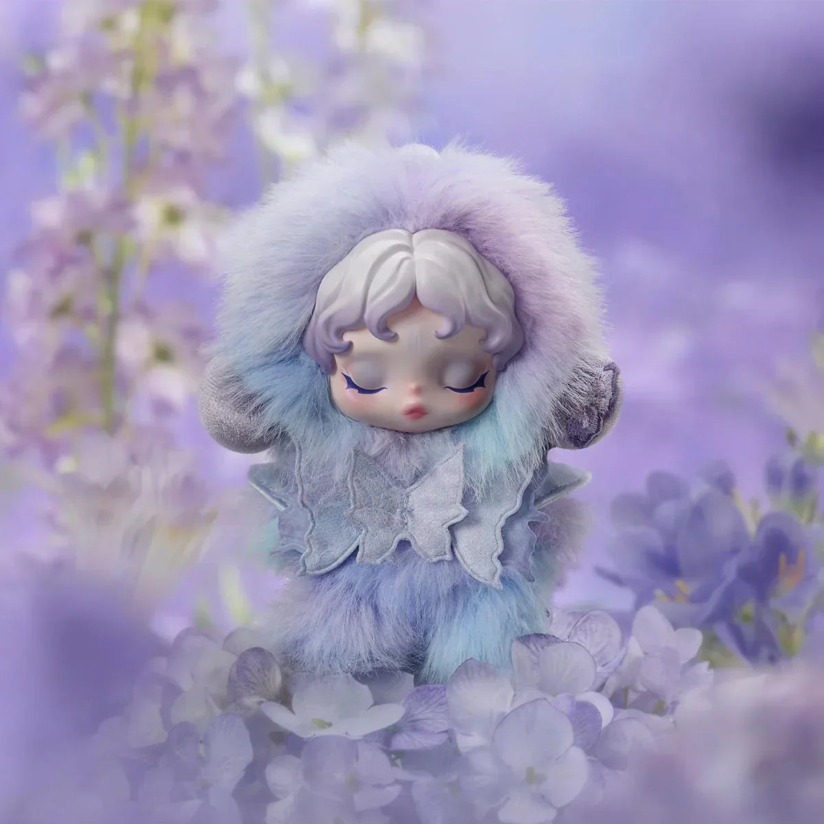 SKULLPANDA L'impressionnisme figure in soft purple and blue fur-trimmed hood, eyes closed peacefully amid dreamy lavender floral background.