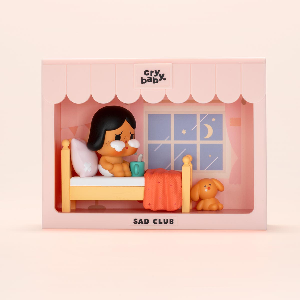 CRYBABY Sad Club Series pink-themed bedroom scene set with detailed miniature furniture and emotional character. Collectible diorama showcasing intimate storytelling moments.