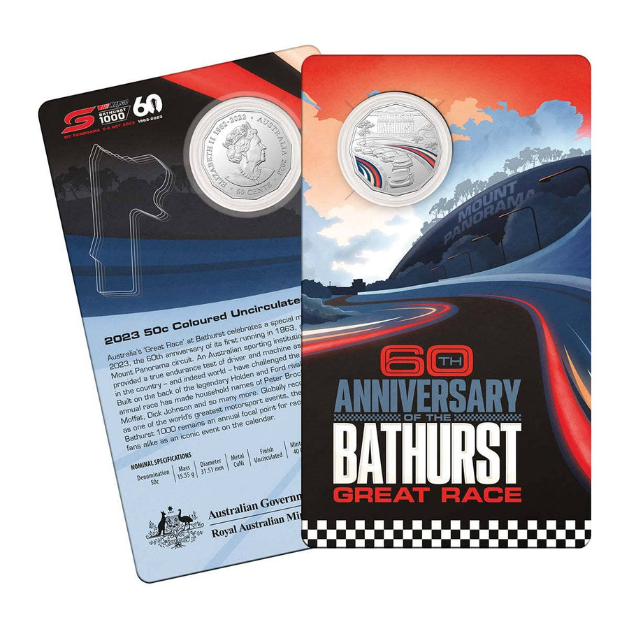 60th Anniversary of the Bathurst Great Race 2023 50c Coloured Uncirculated Coin