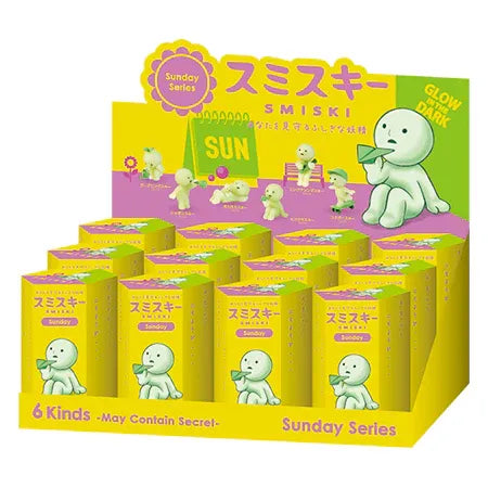 SMISKI Sunday Series display featuring 6 figures and a secret figure in colorful packaging.